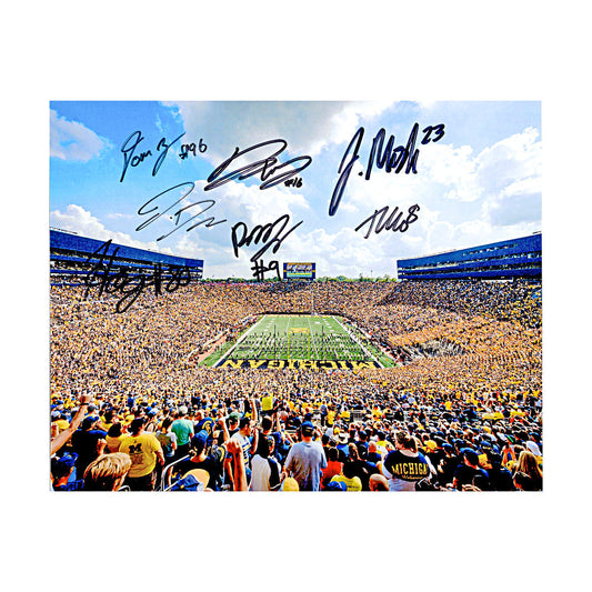 Michigan Wolverines 8 Signature (Davis,Hansen,McBurrows,Marshall,Moore,Morris,Warren,Zvada) Autographed Signed 8x10 Photo of the Big House (CX Champions Circle LOA) - Front View