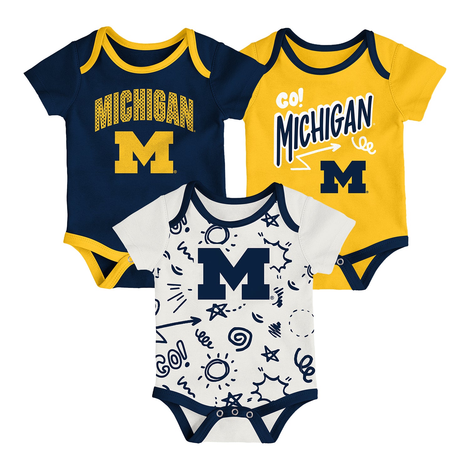Michigan Wolverines Infant All Day Play Onesie Three Pack In Blue, Maize, and White - Front View