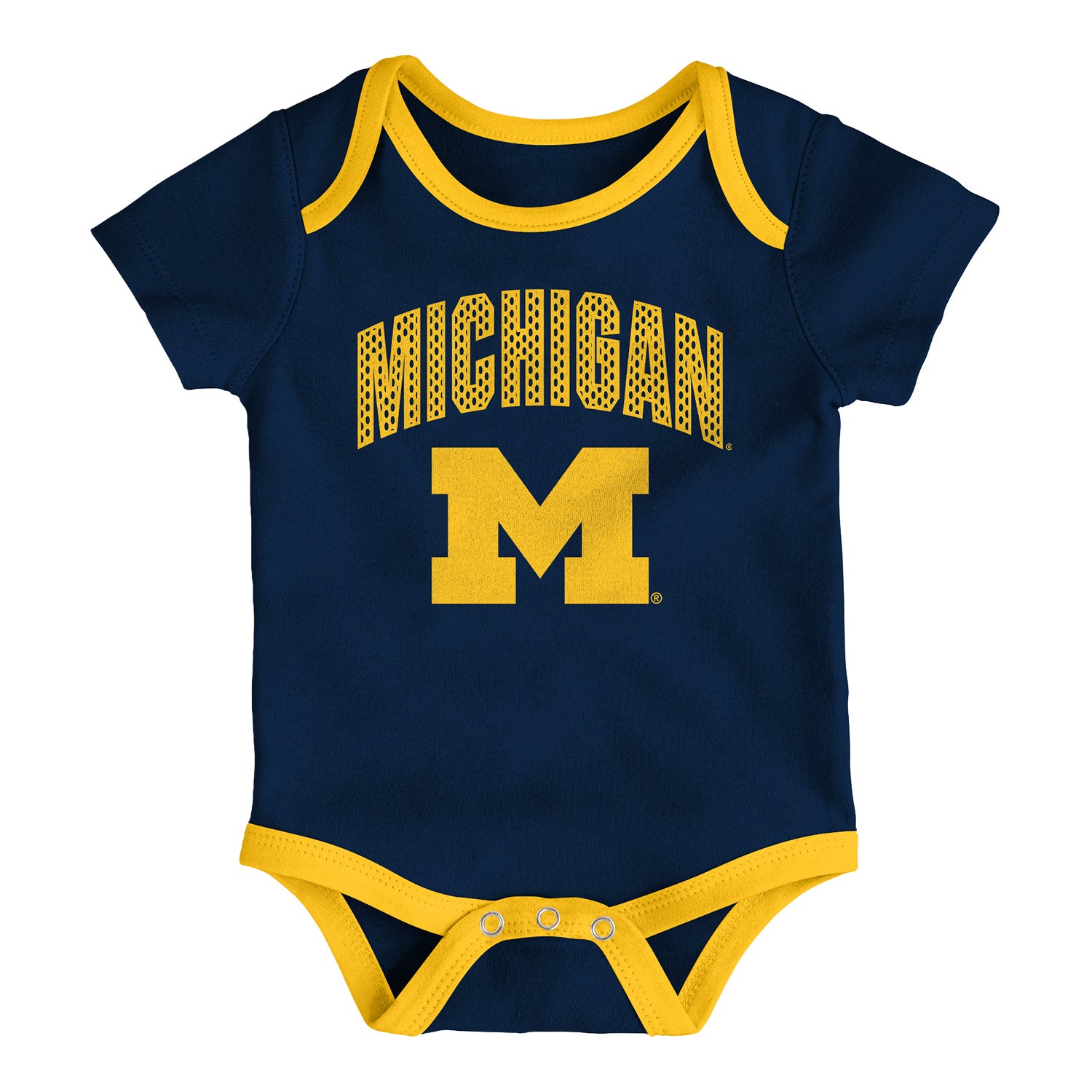 Michigan Wolverines Infant All Day Play Onesie Three Pack In Blue - Front View