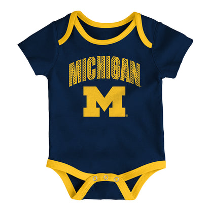 Michigan Wolverines Infant All Day Play Onesie Three Pack In Blue - Front View