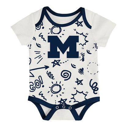 Michigan Wolverines Newborn All Day Play Onesie Three Pack In White - Front View