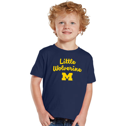 Michigan Wolverines Toddler Little Wolverine Navy T-Shirt In Blue - Front View On Model