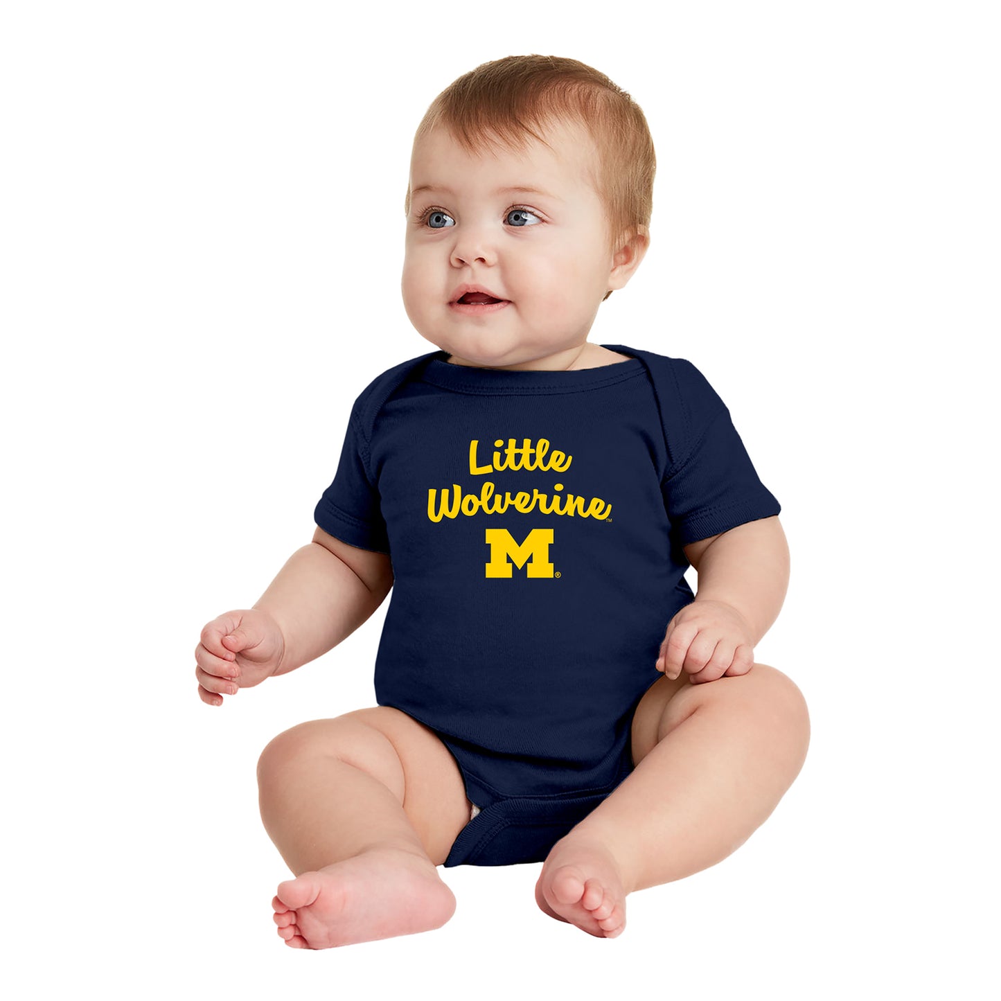 Michigan Wolverines Infant Little Wolverine Creeper Shirt In Blue - Front View On Model