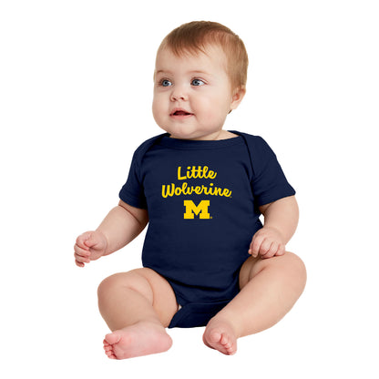Michigan Wolverines Infant Little Wolverine Creeper Shirt In Blue - Front View On Model