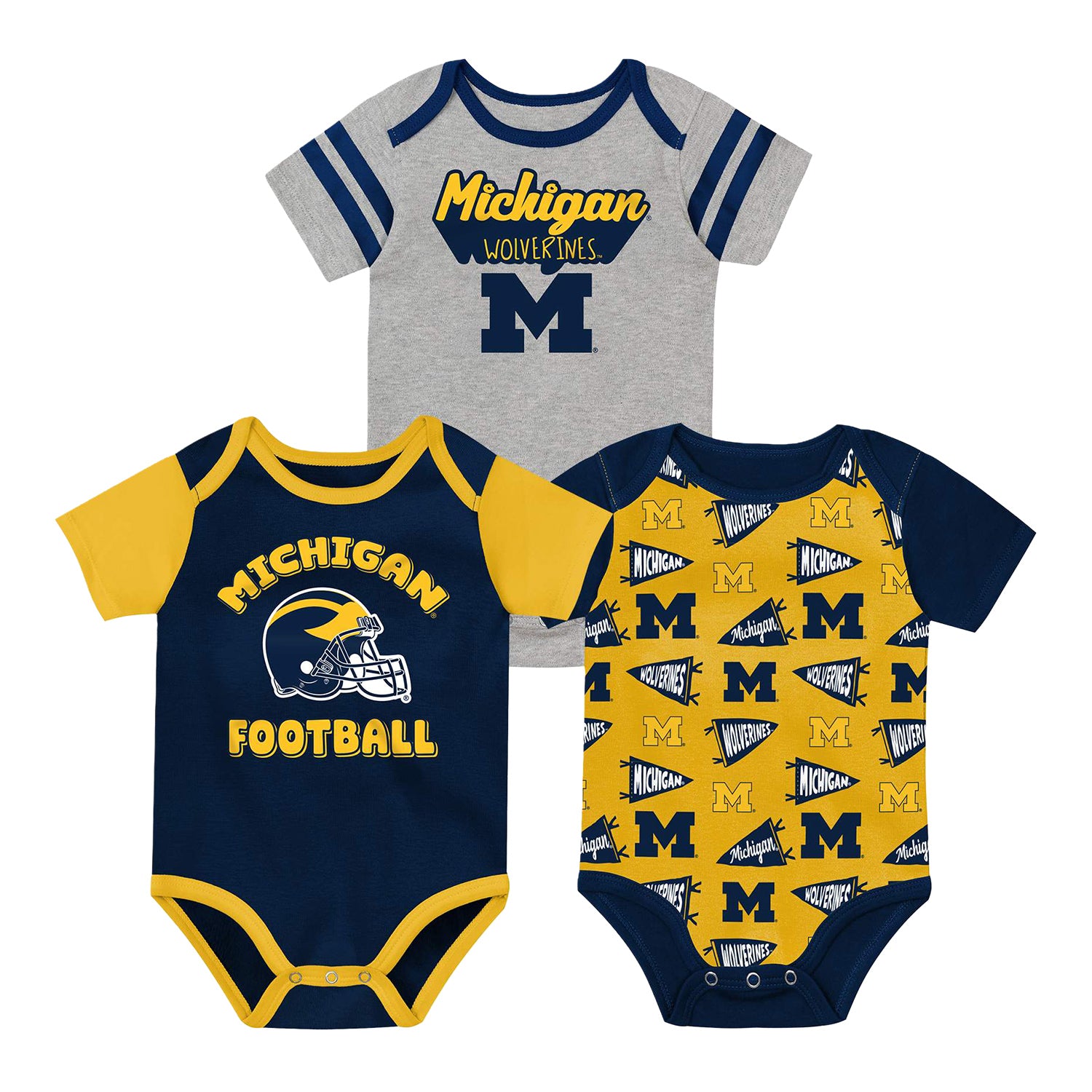 Michigan Wolverines Infant 3-Pack Onesies - Full View