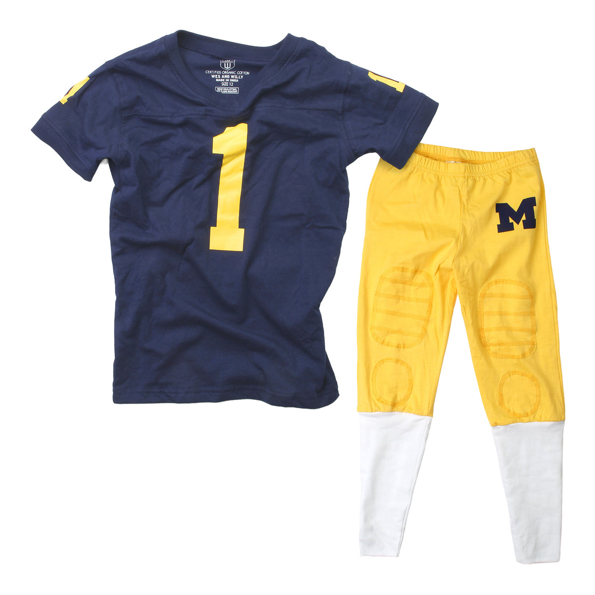 Michigan Wolverines Football Pajama Set In Blue & Maize - Front View