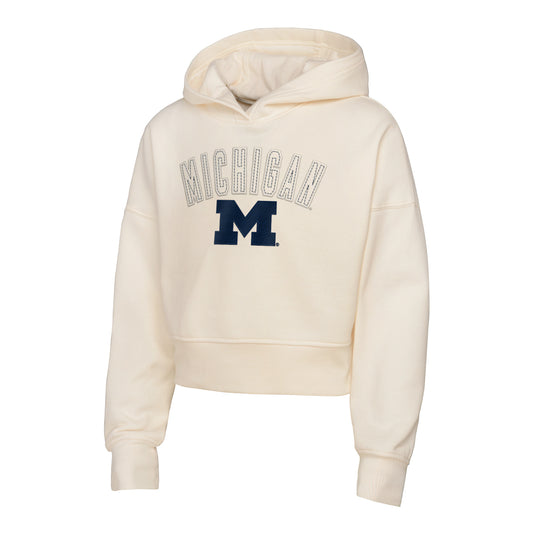Michigan Wolverines Girls White Blitz Cropped Hoodie In White - Front View