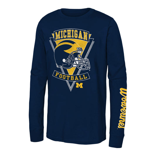 Michigan Wolverines Youth Blue Retro Graphic Long Sleeve T-Shirt - Front View