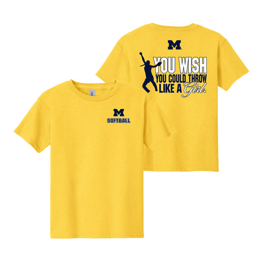 Youth Michigan Wolverines Softball 'You Wish You Could Throw Like A Girl' Yellow T-Shirt - Multi View