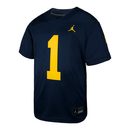 Michigan Wolverines Jordan Football #1 Kids Home Jersey In Blue - Front View