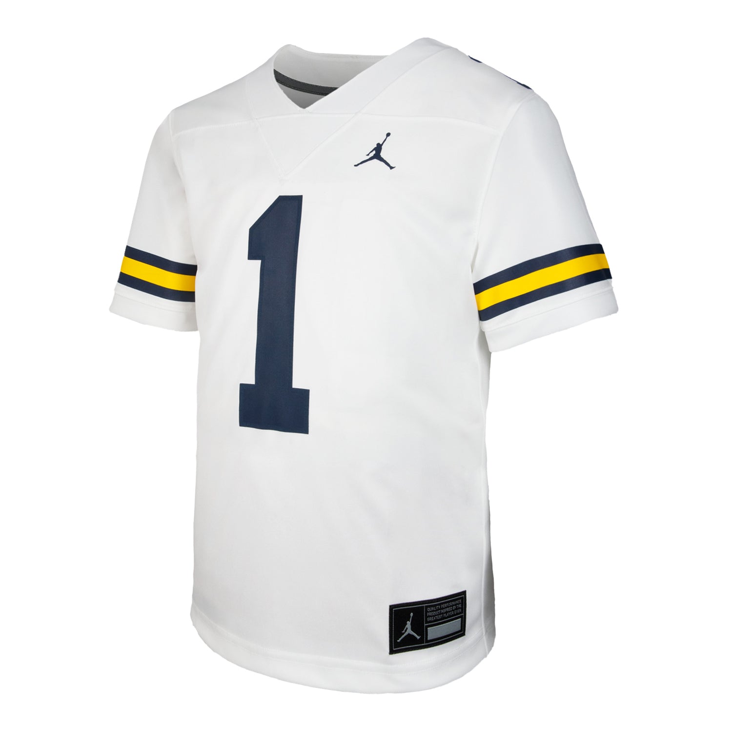Michigan Wolverines Jordan Football #1 Youth Away Jersey In White - Front View