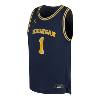 Michigan Wolverines Jordan Basketball #1 Youth Home Jersey In Blue - Front View