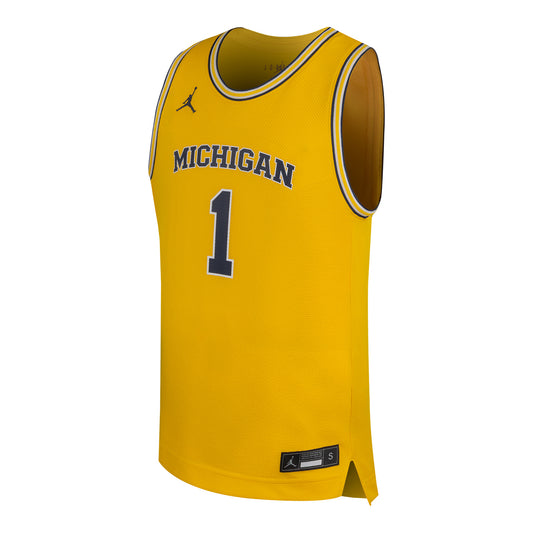 Michigan Wolverines Jordan Basketball #1 Youth Alternate Jersey In Maize - Front View
