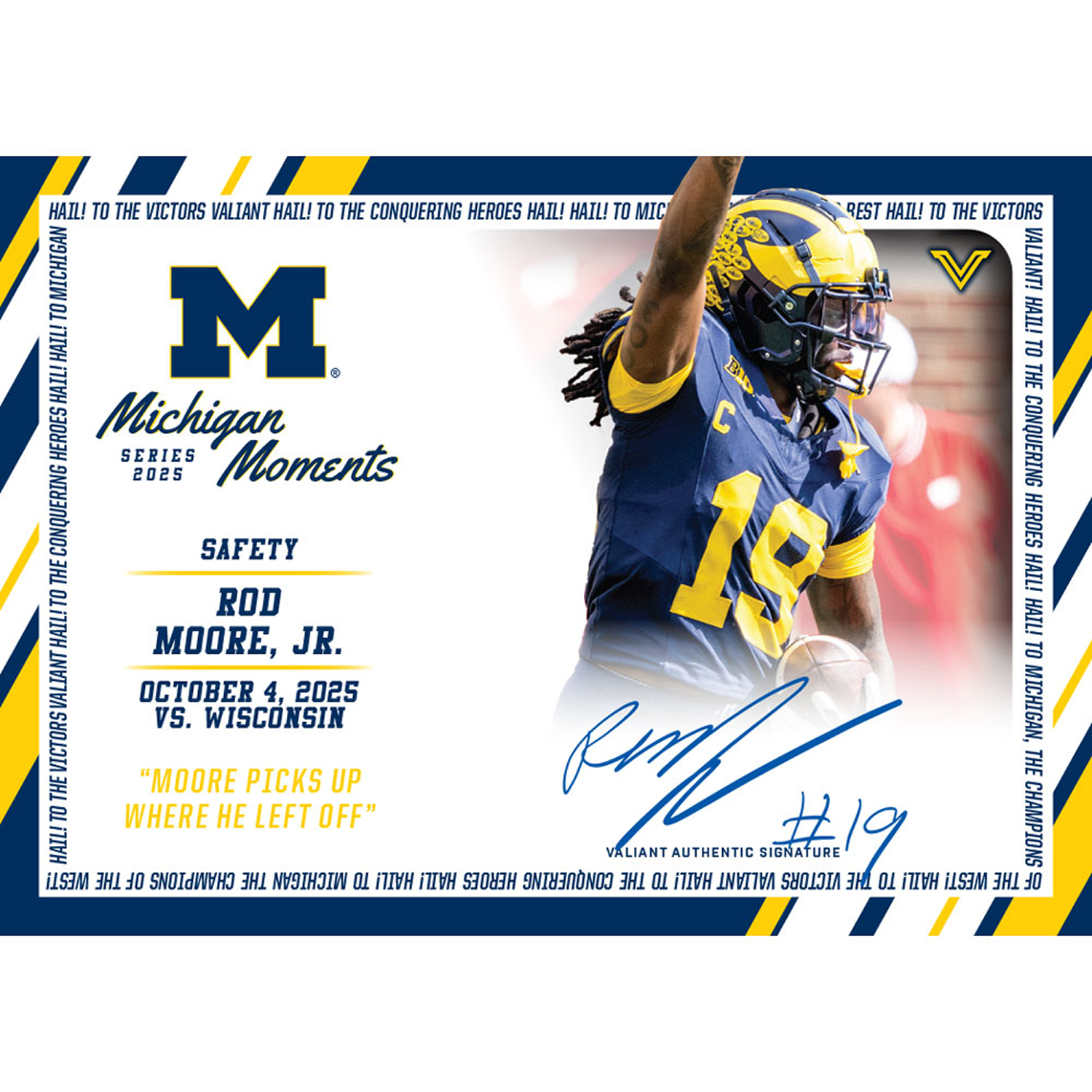 Valiant University of Michigan Football Rod Moore 2025 Michigan Moments Trading Card vs. Wisconsin - Front View