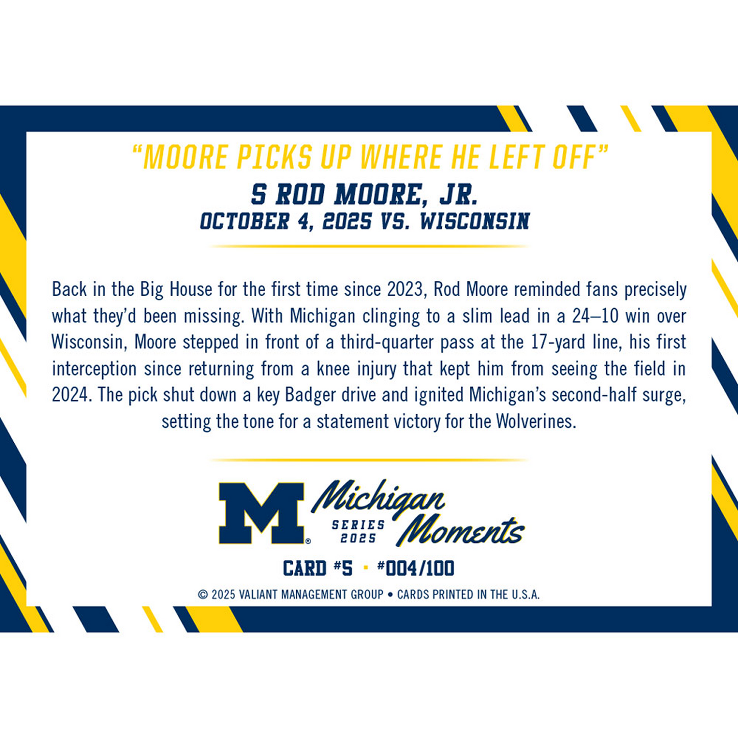 Valiant University of Michigan Football Rod Moore 2025 Michigan Moments Trading Card vs. Wisconsin - Back View
