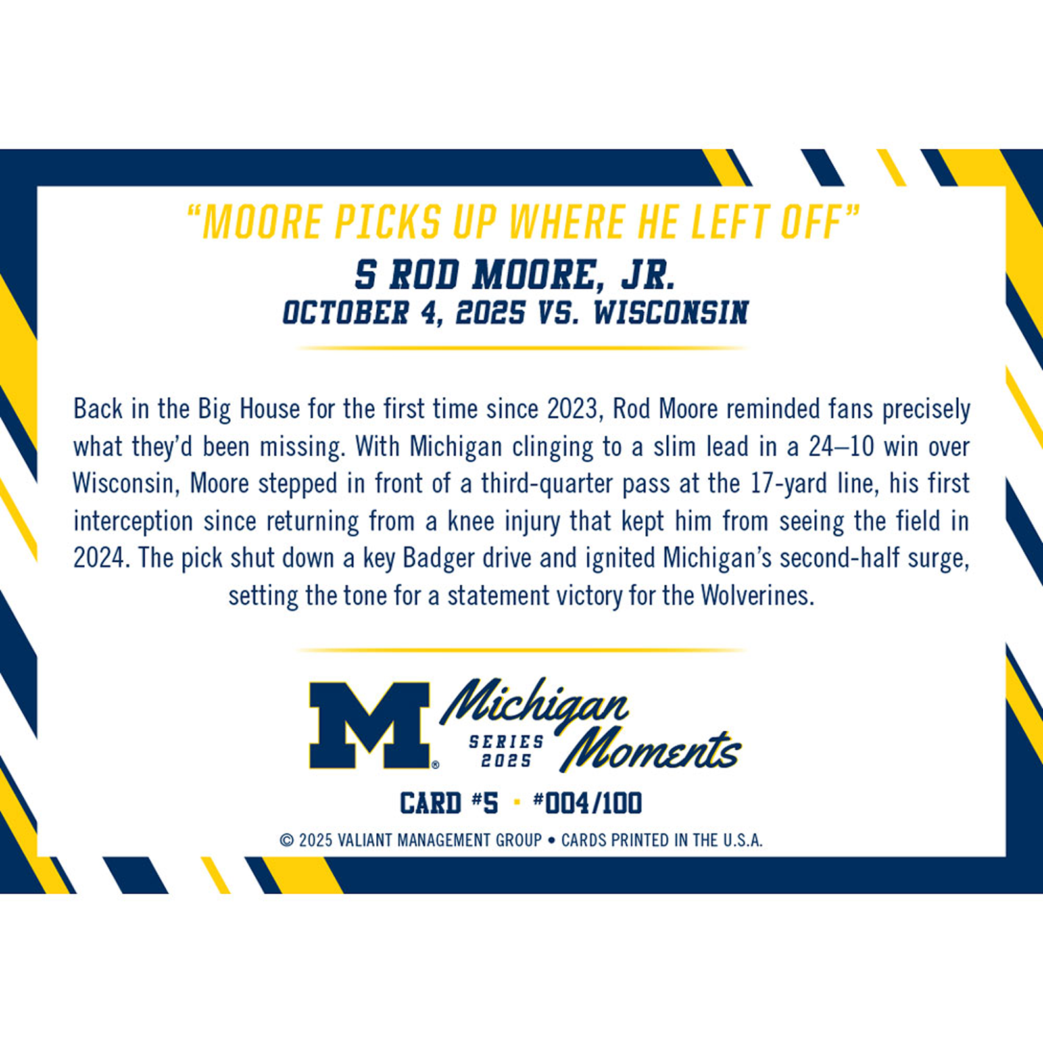 Valiant University of Michigan Football Rod Moore 2025 Michigan Moments Trading Card vs. Wisconsin - Back View