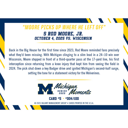 Valiant University of Michigan Football Rod Moore 2025 Michigan Moments Trading Card vs. Wisconsin - Back View