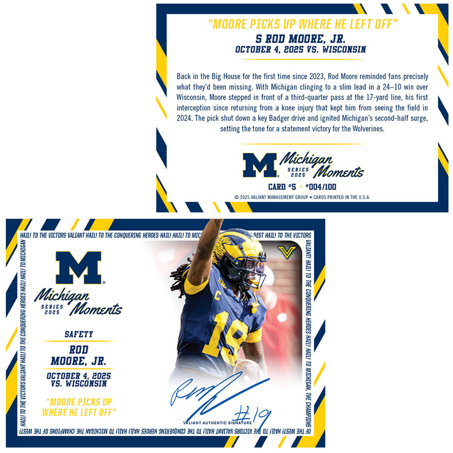 Valiant University of Michigan Football Rod Moore 2025 Michigan Moments Trading Card vs. Wisconsin - Front & Back View