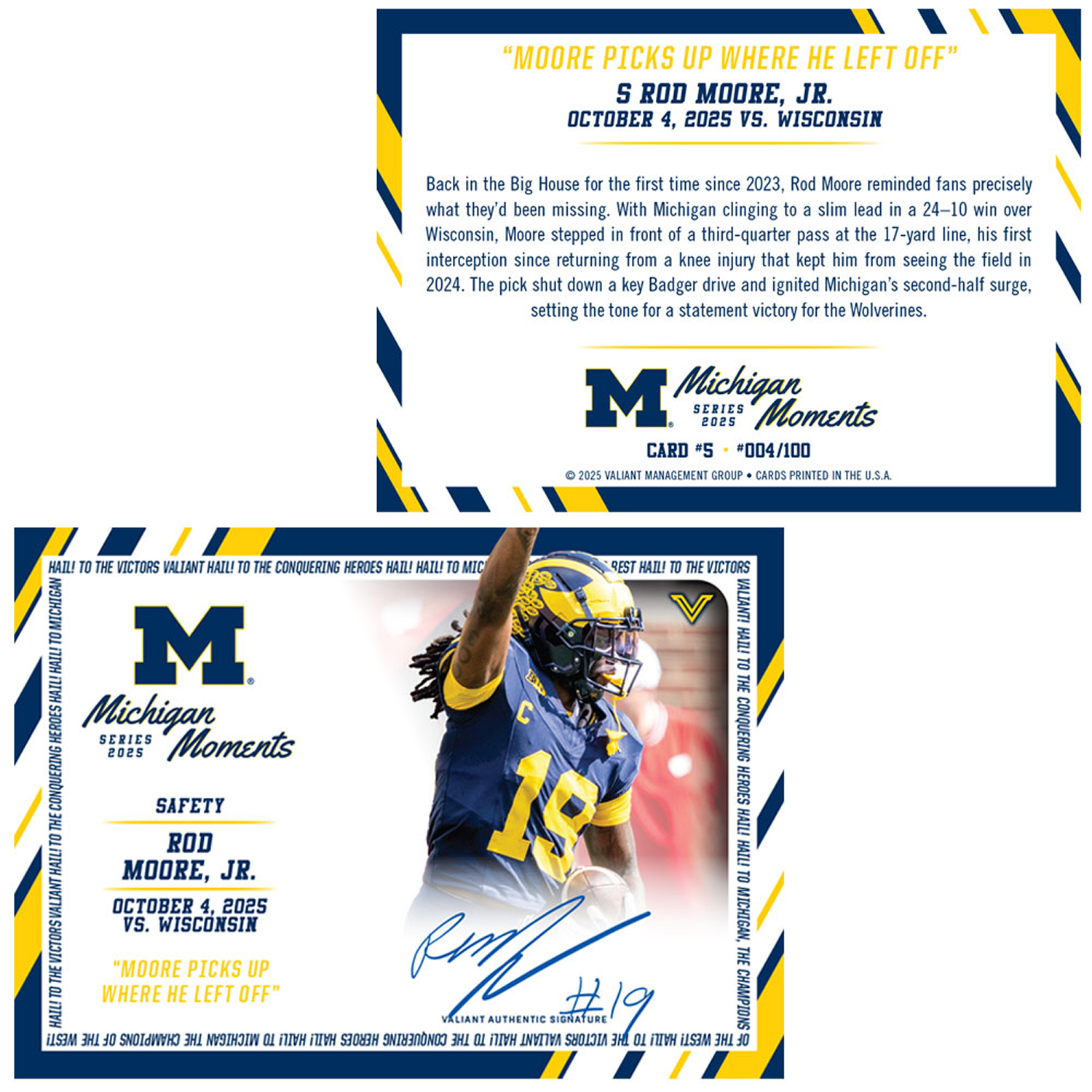 Valiant University of Michigan Football Rod Moore 2025 Michigan Moments Trading Card vs. Wisconsin - Front & Back View