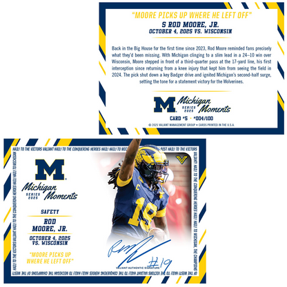 Valiant University of Michigan Football Rod Moore 2025 Michigan Moments Trading Card vs. Wisconsin - Front & Back View