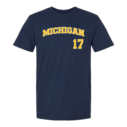 Michigan Wolverines Baseball Student Athlete #17 Gavin DeVooght T-Shirt In Navy - Front View