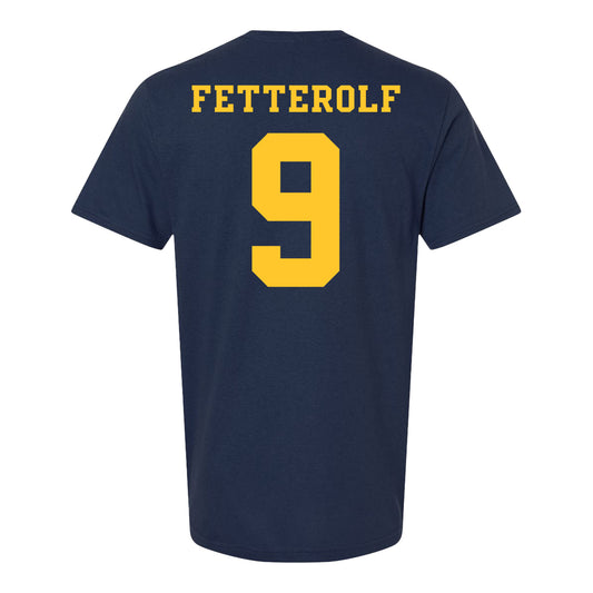 Michigan Wolverines Women's Lacrosse Student Athlete #9 Jane Fetterolf T-Shirt In Navy - Back View