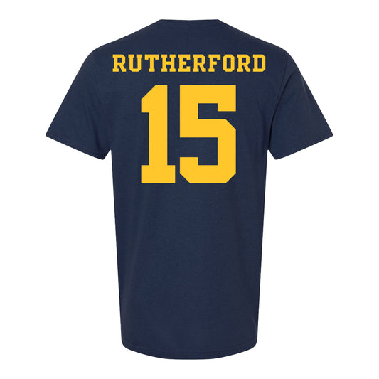 Michigan Wolverines Women's Lacrosse Student Athlete #15 Maya Rutherford T-Shirt In Navy - Back View