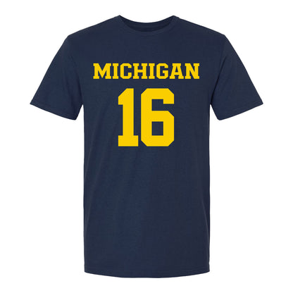 Michigan Wolverines Women's Lacrosse Student Athlete #16 Kassidy Isaacson T-Shirt In Navy - Front View