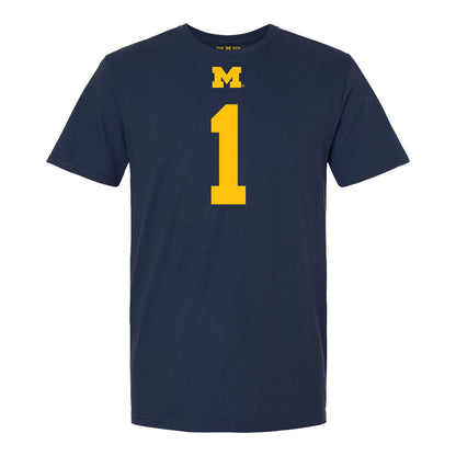 Michigan Wolverines #1 Jaishawn Barham Student Athlete Blue Football T-Shirt - Front View