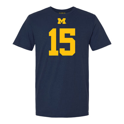 Michigan Wolverines #15 Ernest Hausmann Student Athlete Blue Football T-Shirt - Front View