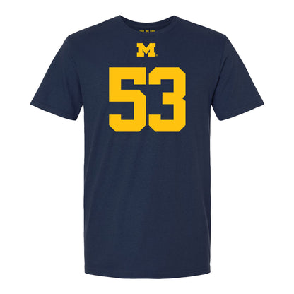 Michigan Wolverines #53 Jake Guarnera Student Athlete Blue Football T-Shirt - Front View