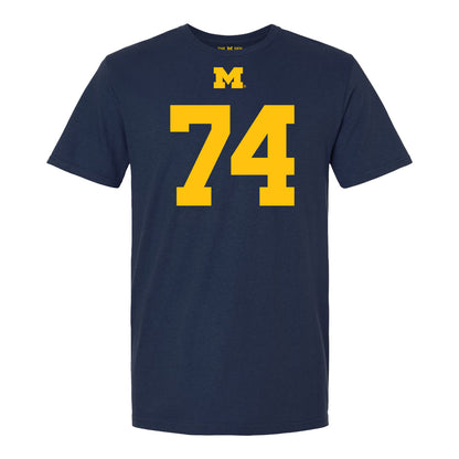 Michigan Wolverines #74 Avery Gach Student Athlete Blue Football T-Shirt - Front View