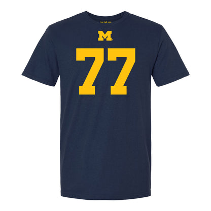 Michigan Wolverines #77 Blake Frazier Student Athlete Blue Football T-Shirt - Front View