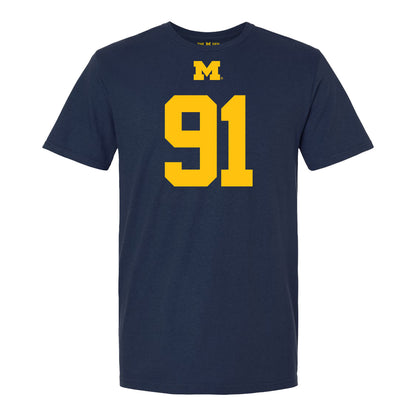 Michigan Wolverines #91 Evan Boutorwick Student Athlete Blue Football T-Shirt - Front View