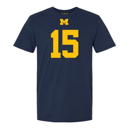 Michigan Wolverines #15 Chase Herbstriet Student Athlete Blue Football T-Shirt - Front View