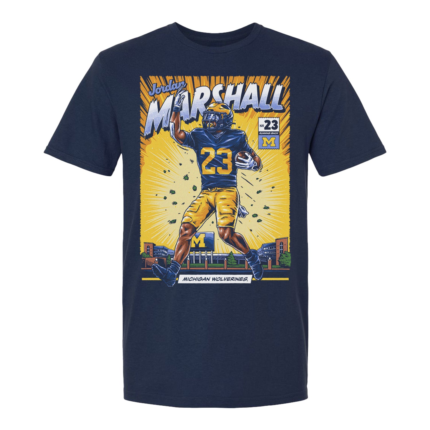 Michigan Wolverines #23 Jordan Marshall Student Athlete Comic T-Shirt In Blue - Front View