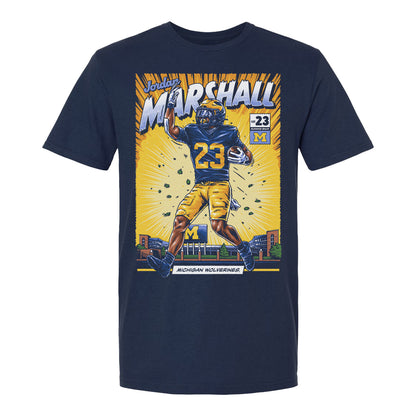 Michigan Wolverines #23 Jordan Marshall Student Athlete Comic T-Shirt In Blue - Front View