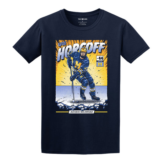 Michigan Wolverines #44 Will Horcoff Student Athlete Comic T-Shirt - Front View