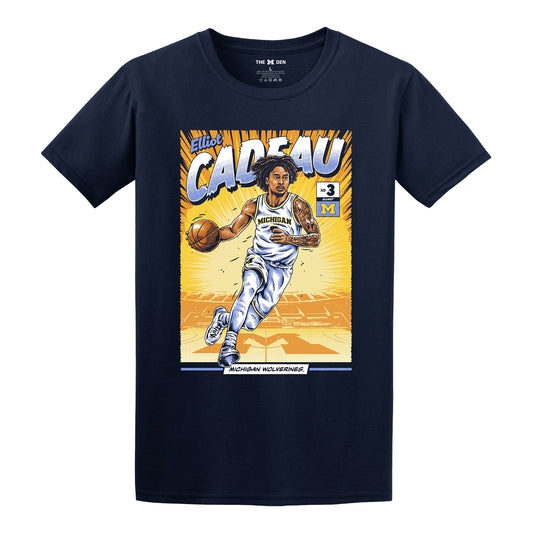 Michigan Wolverines #3 Elliot Cadeau Basketball Student Athlete Comic T-Shirt - Front View