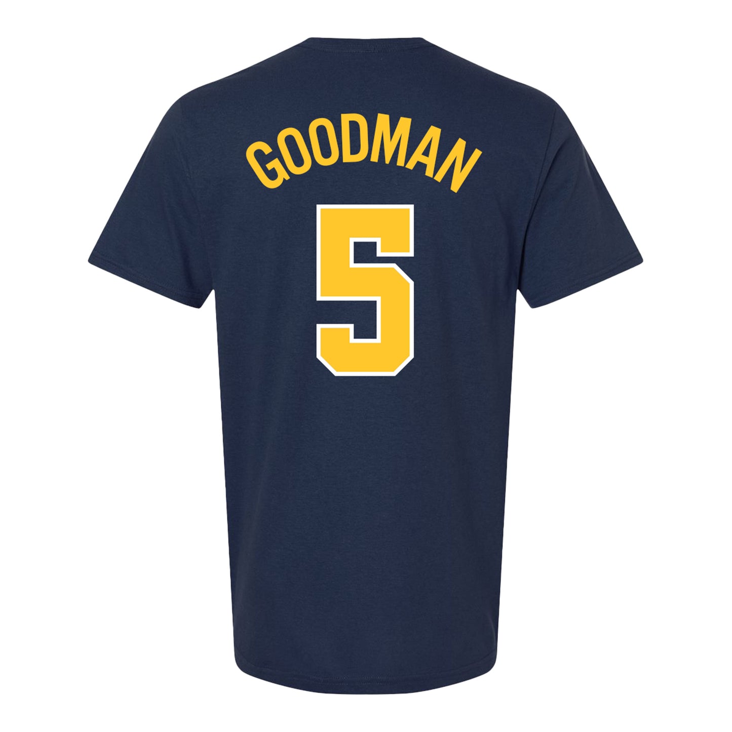 Michigan Wolverines Men's Basketball Student Athlete #5 Oscar Goodman T-Shirt In Blue - Back View