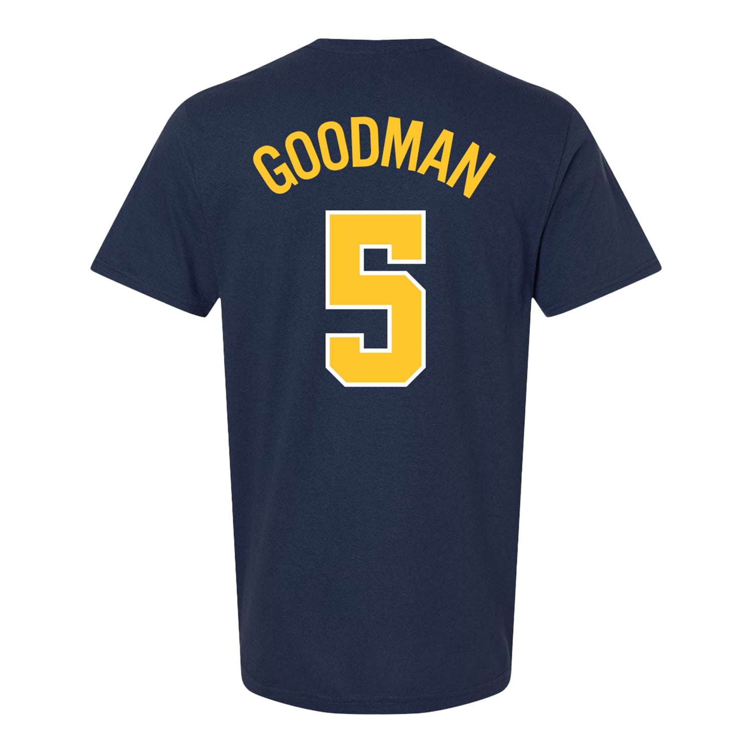Michigan Wolverines Men's Basketball Student Athlete #5 Oscar Goodman T-Shirt In Blue - Back View