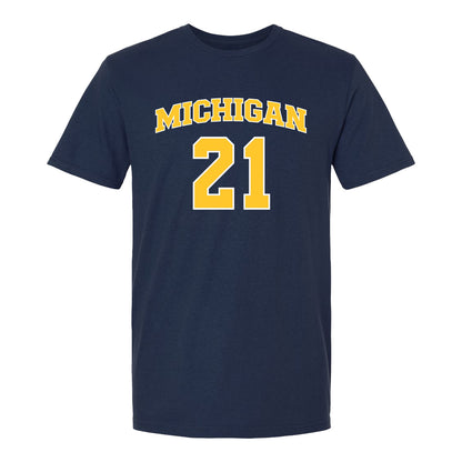 Michigan Wolverines Men's Basketball Student Athlete #21 Morez Johnson Jr. T-Shirt In Blue - Front View