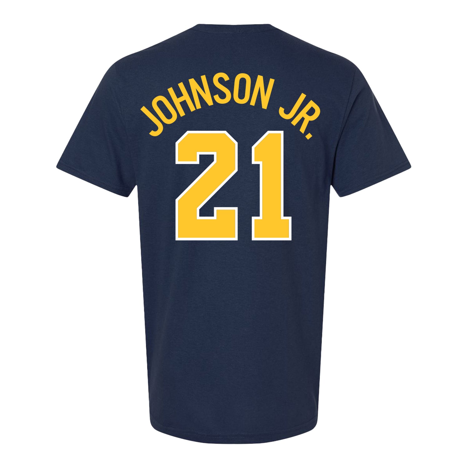 Michigan Wolverines Men's Basketball Student Athlete #21 Morez Johnson Jr. T-Shirt In Blue - Back View