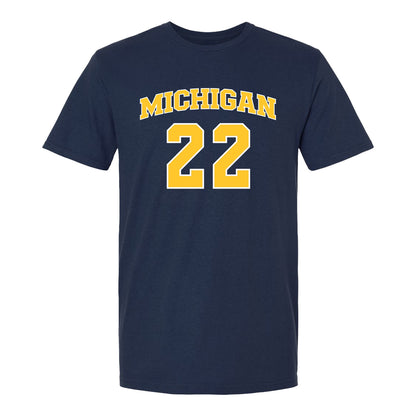 Michigan Wolverines Women's Basketball Student Athlete #22 Kendall Dudley T-Shirt In Blue - Front View