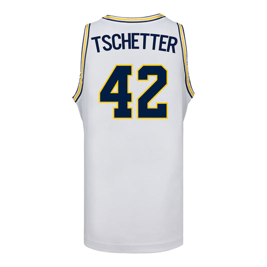 Michigan Wolverines #42 Will Tschetter Student Athlete White Basketball Jersey - Back View