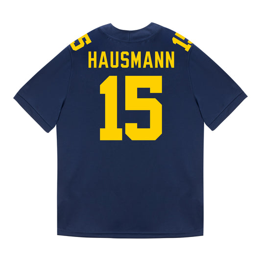 Michigan Wolverines #15 Ernest Hausmann Student Athlete Blue Football Jersey - Back View