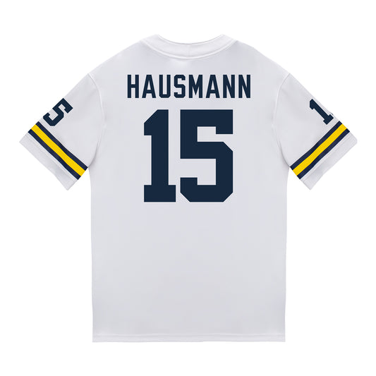 Michigan Wolverines #15 Ernest Hausmann Student Athlete White Football Jersey - Back View