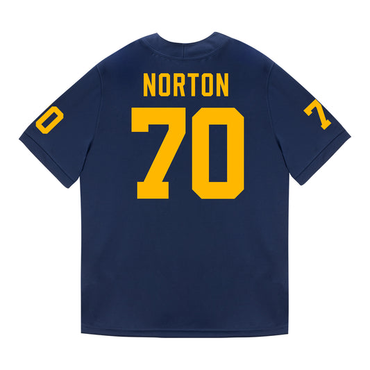 Michigan Wolverines #70 Brady Norton Student Athlete Blue Football Jersey - Back View