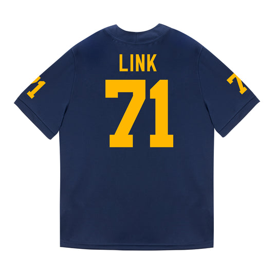 Michigan Wolverines #71 Evan Link Student Athlete Blue Football Jersey - Back View