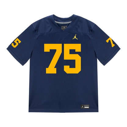 Michigan Wolverines #75 Kaden Strayhorn Student Athlete Blue Football Jersey - Front View